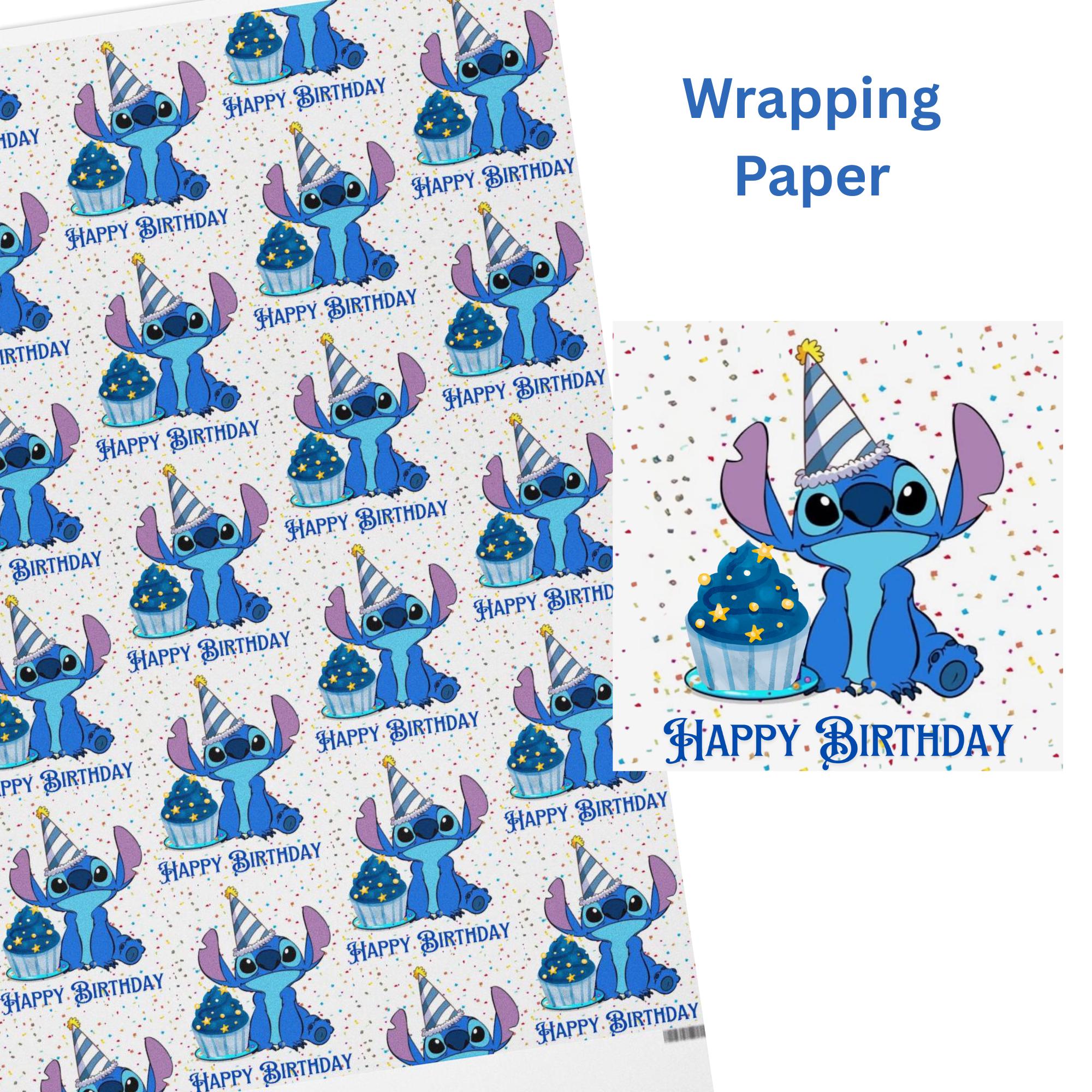 Stitch Ready for Birthday with Hat and Cake Happy Birthday Wrapping Paper Festive Gift Wrap Birthday Party Supplies Unique Gift Presentation