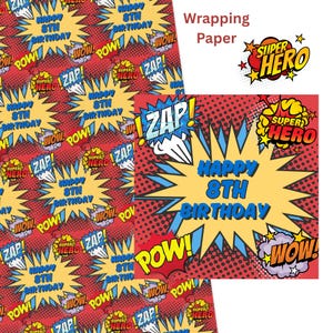 Superhero Themed 8th Birthday Wrapping Paper Comic Book Style Gift Wrap Unique 8th Birthday Present Packaging 8th Birthday Fun Gift Wrap