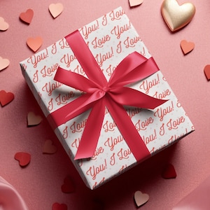 Romantic Gift Wrap Love You Wrapping Paper I Love You  Red Font Anniversary Wrapping Paper