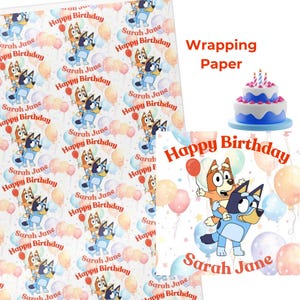 Papel de regalo para cumpleaños de Bingo Bluey personalizado con nombre Papel de regalo con nombre del niño Papel de regalo naranja y azul personalizado con nombre