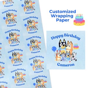Papel de regalo de cumpleaños personalizado para la familia Blue Healer Papel de regalo de cumpleaños personalizado Globos y pastel Papel de regalo personalizado para la familia Bluey que desea