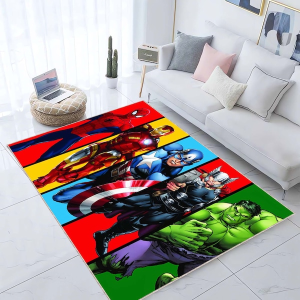 Spiderman Patterned Rug, Spiderman, Ironman, Kids Room Rug, Hulk, Thor, Captain America, Kids Room Rug