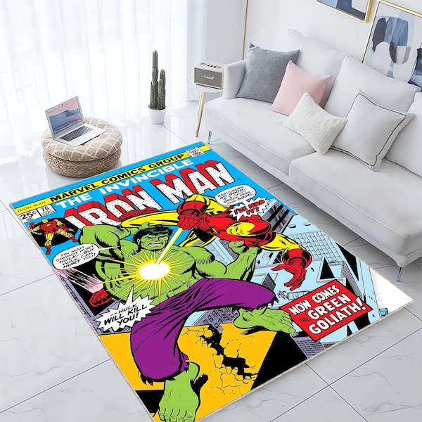 Iron Man, Hulk, Comic Cartoon Books Cover, Books First Number, Fantastic Retro Rug, Movie Comic Cartoon Carpet