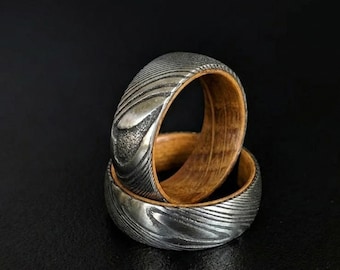 Silver Damascus Steel Ring : Whiskey Barrel Wedding Band