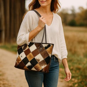 Handgefertigte Rindsleder Einkaufstasche Leder Auf Haaren Geldbörse Western Schulter Reisen Geschenk für Leinwand Stilvolle Duffle Damen Echte Tierhaut Handtasche
