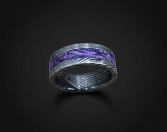 Damascus Steel Ring with Purple Box Elder – Unique Purple Wedding Band