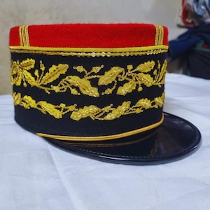 Army Officer Hat Handmade French Képi Military Cap WW2 Style | Gold Embroidered Uniform | Costume Gift Collectible for Him Red Black