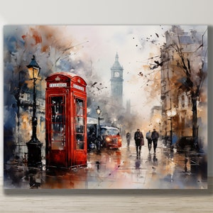 Incredible canvas wall art of rain soaked London with iconic red phone booth - Watercolor Painting Style! Canvas Wall Art for Home Decor!