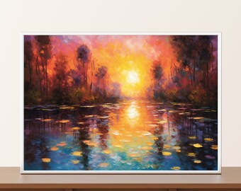 Monet inspired digital painting for your Home. This breathtaking art illustration portrays a serene lakeside at sunset. Nature Art Work