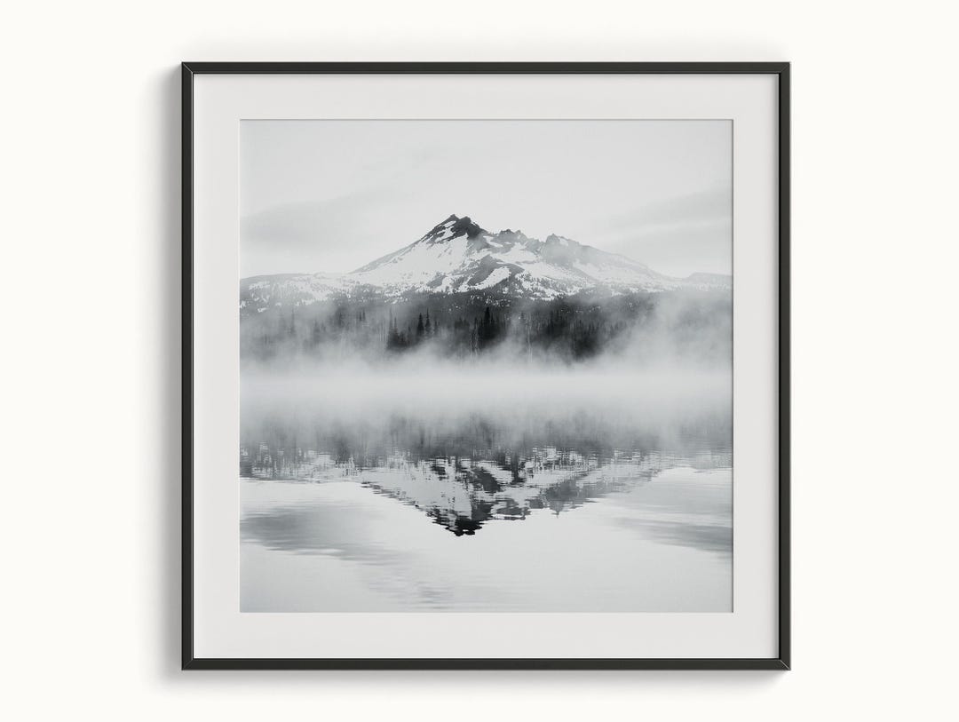 Black and White Mountain Photography Print | Misty Lake Reflection Wall ...
