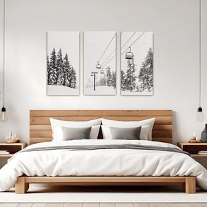 Set of 2 or 3 Ski Chairlift Black and White Print, Snowy Tree Mt. Bachelor Oregon Winter Photography, Modern Nordic Canvas Wall Decor