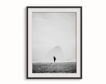 Surfer Black and White Print, Surfing Photography Beach House Wall Art, Modern Ocean Print, Framed Canvas Wall Decor Haystack Rock Oregon