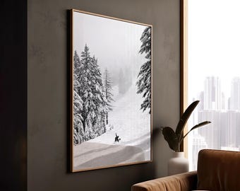Snowboarder in Snowy Trees Photography Winter Mountain Framed Canvas Landscape Print Ski Cabin Wall Decor Snowboard Alpine Nordic Art