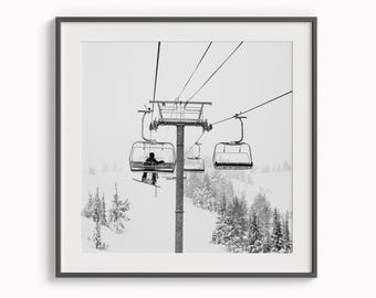 Snowboarder Lift Mountain Print, Mt. Bachelor Resort Snow Modern Black and White Square Photography, Outdoor Nordic Winter Canvas Wall Art