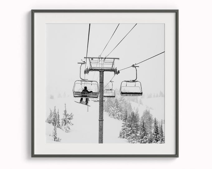 Snowboarder Lift Mountain Print, Mt. Bachelor Resort Snow Modern Black and White Square Photography, Outdoor Nordic Winter Canvas Wall Art