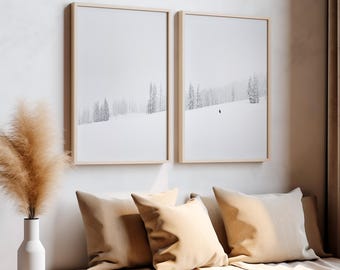 Winter Landscape Wall Art Snowboard Minimal Snow Photography Set of 2 Prints Calm Neutral Decor With Lone Snowboarder and Snowy Trees
