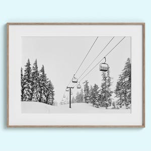 Chairlift Black and White Horizontal Print | Snowy Tree Mt. Bachelor Oregon Ski Resort Winter Photography | Modern Skandi Canvas Wall Decor