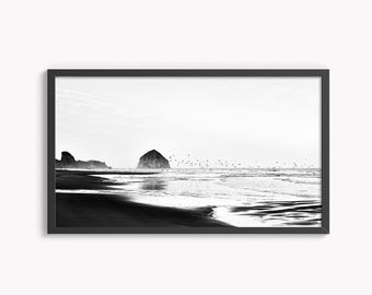 Samsung Frame TV Art Black and White Beach and Seabirds Original Photography, Haystack Rock Oregon Coast Pacific Ocean Digital Download