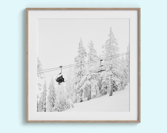 Ski Lift Mountain Print, Mt. Bachelor Snowy Trees Modern Black and White Square Print, Landscape Photography Nordic Winter Framed Canvas