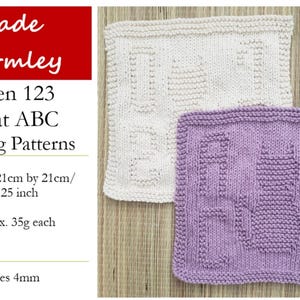 Peut inclure: Deux carrés tricotés, un blanc et un lavande, présentent des motifs sur le thème des chats. Le carré blanc affiche les chiffres "123", tandis que le carré lavande montre les lettres "ABC". Chaque carré mesure environ 21 cm sur 21 cm.