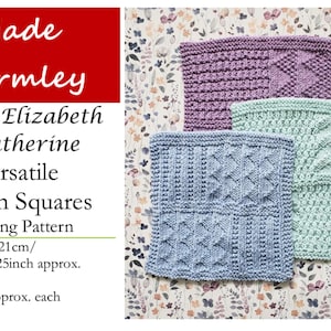 Könnte beinhalten: Drei gestrickte Baumwollquadrate in Lila, Blau und Grün, jedes mit einem einzigartigen strukturierten Muster. Die Quadrate sind ca. 21 cm x 21 cm groß. Das Bild enthält den Text "Made Warmley" und "Versatile Cotton Squares Knitting Pattern."