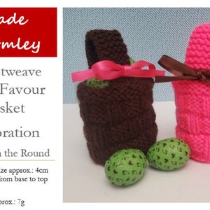 May include: Two small knitted baskets, one brown and one pink, with handles and bows. Each basket is filled with green chocolate eggs. The text "Made Warmley Basketweave Party Favour Basket Decoration Knitted in the Round" is visible in the image. Finished item size is approximately 4 inches in diameter and 9 inches from base to top of handle. Item weight is approximately 7 grams.