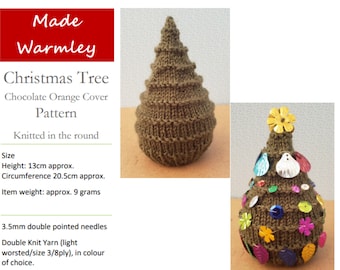 Christmas Tree Chocolate Orange Cover & Decoration (knitted in the round);  Quick and Easy, No Sew Xmas Knitting Pattern.