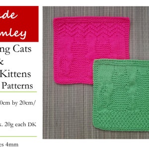 Pode incluir: Dois panos de cozinha de malha, um rosa e outro verde, com um design de gato. Os panos de cozinha medem 20 cm por 20 cm e são feitos com 20 gramas de fio DK. Agulhas de tricô de 4 mm são recomendadas.