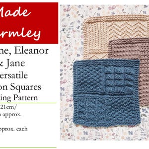 PDF Knitting Patterns for Versatile Cotton Squares for blankets, dishcloths etc. 3 Knit & Purl designs - Caroline, Eleanor and Jane