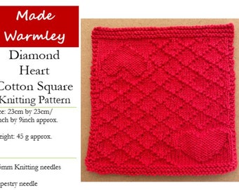 Knitting Pattern PDF for Heart Dishcloth, Face Cloth, Wash Cloth; Valentine’s Heart and Diamond Gift to Knit; Knit and Purl Stitch Pattern