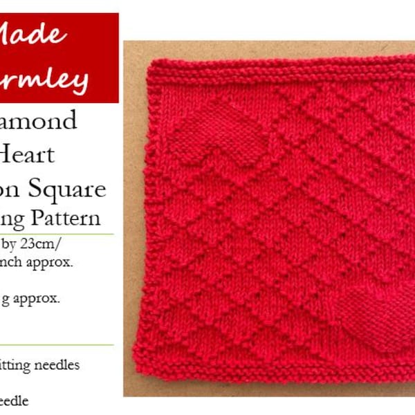 Knitting Pattern PDF for Heart Dishcloth, Face Cloth, Wash Cloth; Valentine’s Heart and Diamond Gift to Knit; Knit and Purl Stitch Pattern