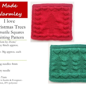 Op de afbeelding: Twee gebreide vierkanten, een rood en een groen, met een kerstboomontwerp. De vierkanten zijn 21 cm bij 21 cm en wegen ongeveer 38 gram per stuk. Het patroon heet "I love Christmas Trees Versatile Squares Knitting Pattern".