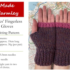 May include: Knitting pattern for fingerless gloves. The pattern includes instructions for making a pair of fingerless gloves using aran-weight yarn in two colours. The gloves are approximately 19 cm long and weigh approximately 30 grams per pair. The pattern also includes a list of materials needed, including 5mm and 5.5mm needles, a tapestry needle, and aran-weight yarn.