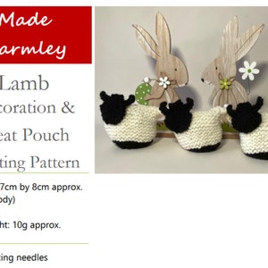 May include: Knitting pattern for a small white lamb with black face and legs. The lamb is 7 cm by 8 cm and weighs 10 grams. The pattern requires 4 mm knitting needles.