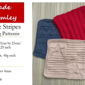 May include: Three knitted dishcloths in red, blue, and pink with a stars and stripes pattern. The dishcloths are 8.25 inches by 8.25 inches and made with cotton yarn. The text "Made Warmley Stars & Stripes Knitting Patterns" is visible in the image.