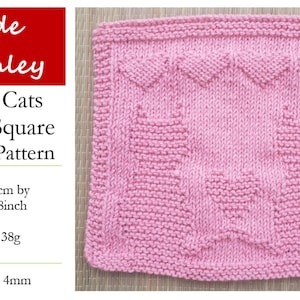May include: A pink knitted square with a cat design. The square is approximately 8 inches by 8 inches and weighs approximately 38 grams. The knitting needles used were 4mm.