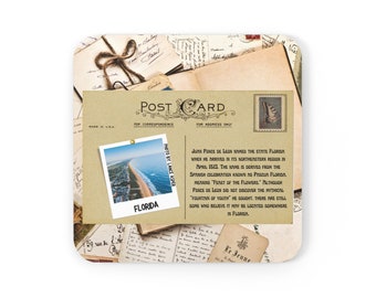 May include: Vintage postcard featuring a photograph of a beach in Florida. The reverse side of the card includes text about Juan Ponce de Leon and the origin of the state's name.