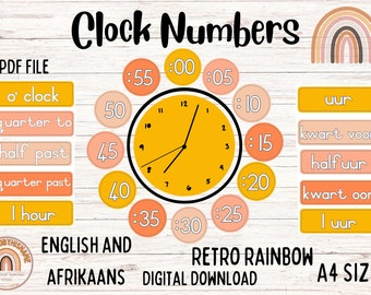 Clock Numbers / Clock labels / spotty Retro theme / Retro rainbow / Teacher resources / Wall posters