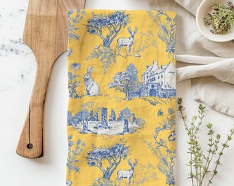 Outlander Sassenach Kitchen Towel – Yellow Blue Toile Flour Sack Cotton Home Decor