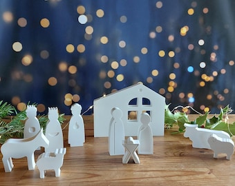 Crèche de Noël minimaliste en céramique blanche, crèche design moderne, style épuré, déco de Noël, crèche de Noël artisanale 11 pièces