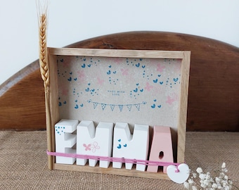 Personalized gift child's first name ceramic letters in wooden frame, children's room decoration, birth gift, newborn, birthday