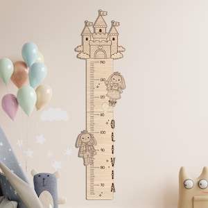 May include: Wooden height chart with a castle design, marked in centimetres. It features bunny figures and the name "Olivia", suitable for a child's bedroom. The chart measures up to 140 cm.