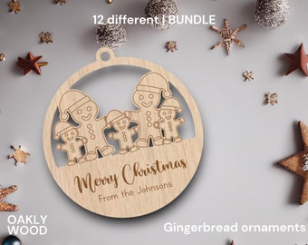 Laser Ready Cut File, Bundle | Gingerbread Ornament SVG | 12 different designs | Christmas ornament | Digital Glowforge file for laser cut