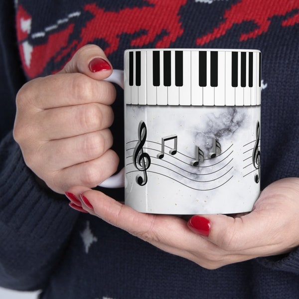 11oz White Mug | Piano Keyboard Graphic | Musical Notes | Music Lover Gift | Coffee Cup