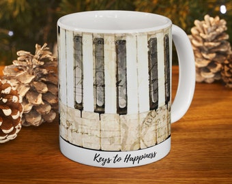 Keys to Happiness Piano Coffee Mug | Vintage Music Sheet Design | Ceramic Mug in 11oz and 15oz Sizes