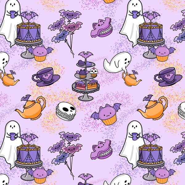 Halloween Tea Party Printed DBP Knit Stretch Fabric l Double Brushed Polyester Spandex Fabric