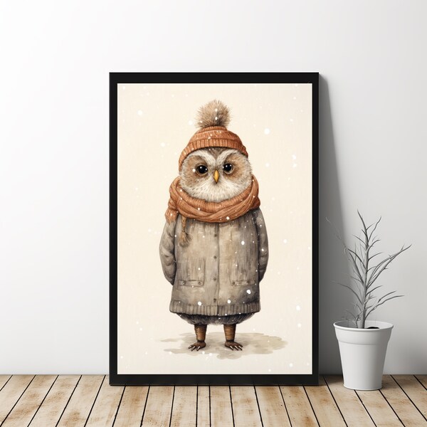 1990s Cozy Owl Illustration in Wool Sweater - Nordic Style Winter Art, Detailed Modern Minimalistic Design