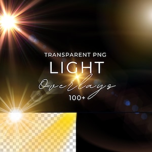 May include: A collection of 100+ transparent PNG light overlays. The overlays feature various shapes and sizes of light beams and flares, perfect for adding a touch of realism to your designs.