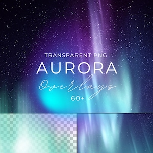 May include: A collection of 60+ transparent PNG overlays featuring vibrant aurora borealis in shades of green, blue, and purple against a starry night sky.  These digital overlays are perfect for adding a touch of magic to your designs.