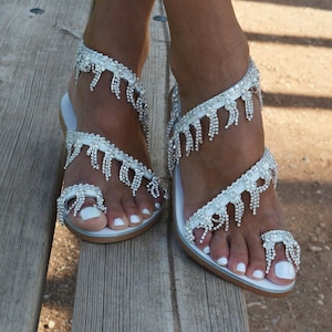 Wedding Sandals - Bridal Sandals - Bohemian Wedding Sandals - Wedding Shoes For Bride - Silver Crystals - Flat Wedding Shoes Crystal